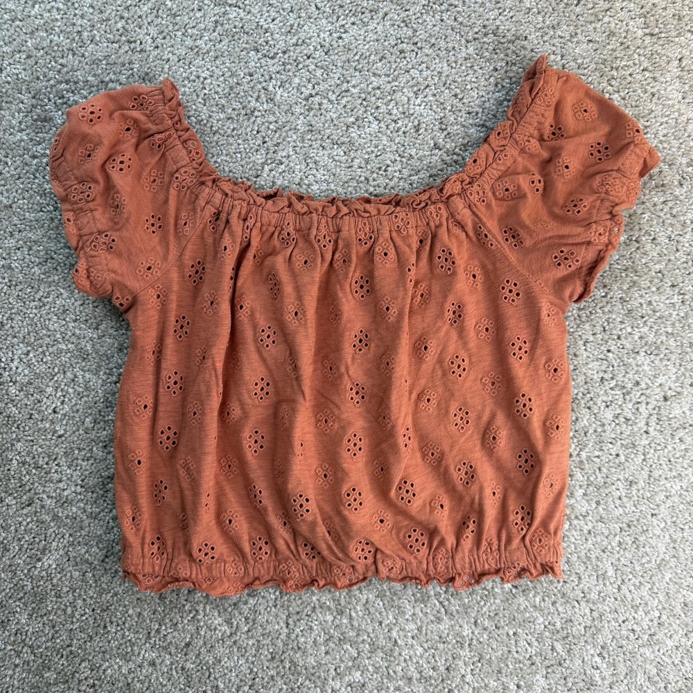 American Eagle Outfitters Blouse Womens M Orange Eyelet Puff Sleeve Cropped Top